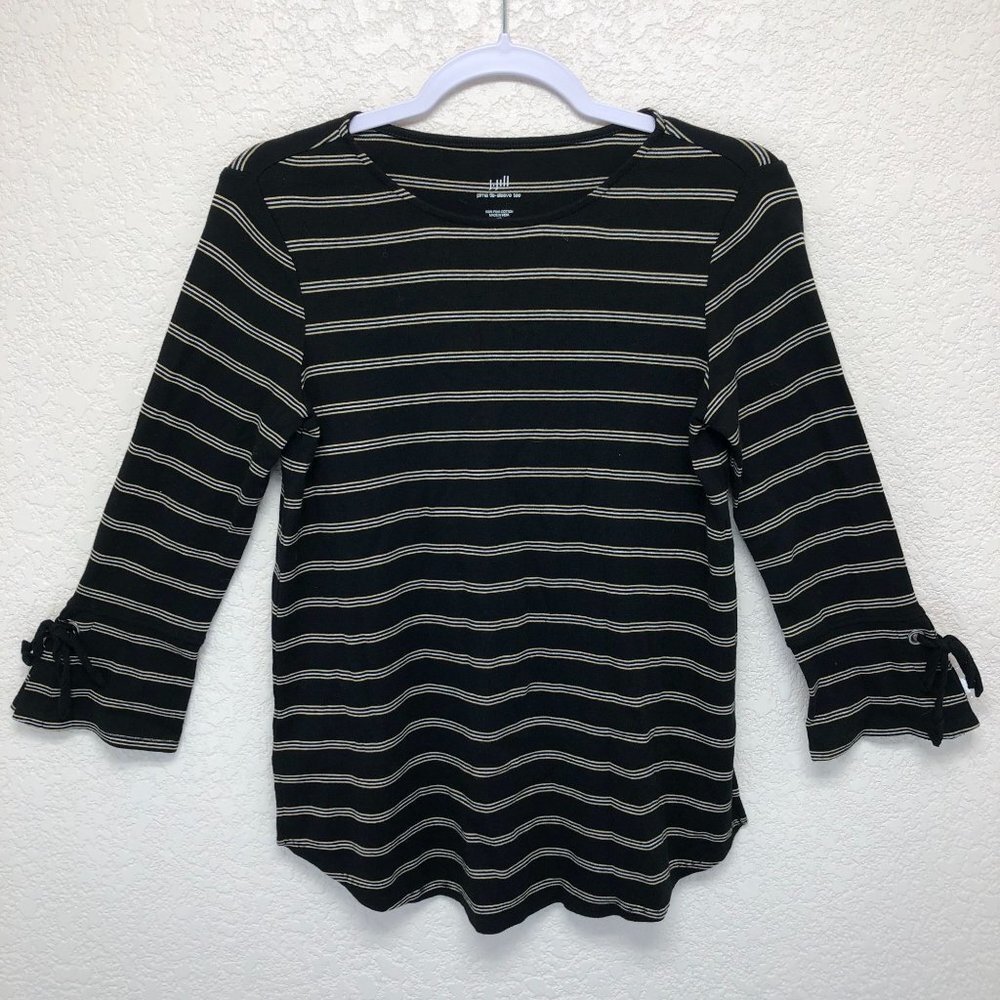 J Jill Pima Cotton Tie Sleeve Shirt Women XS Black Stripe 3/4 Sleeve Round Hem